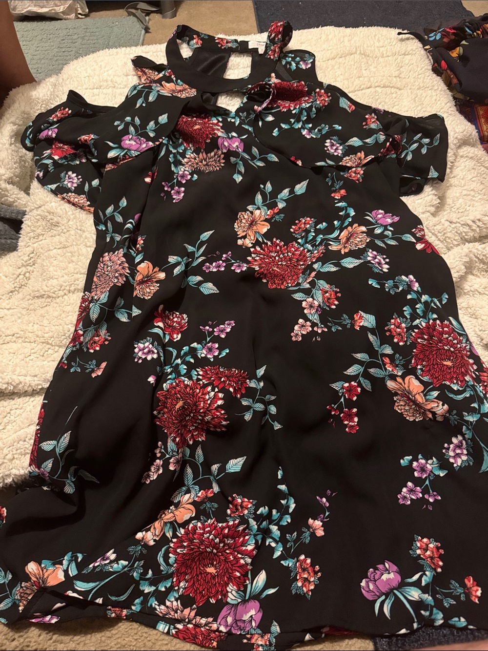 Candie's Black Strapless Floral Dress with Red, Pink & Orange Blooms